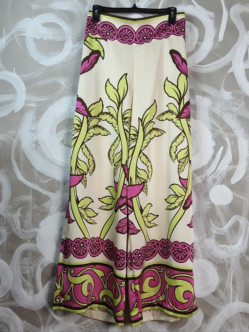 RACHEL ZOE Wmns M Wide Leg Hi Waist Floral Satin Pants Cream Green Pink GlamCore